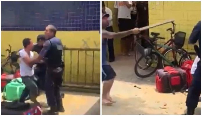 Por meio de um vídeo que circular nas redes sociais, é possível ver o irmão do ambulante disparando pauladas contra os agentes