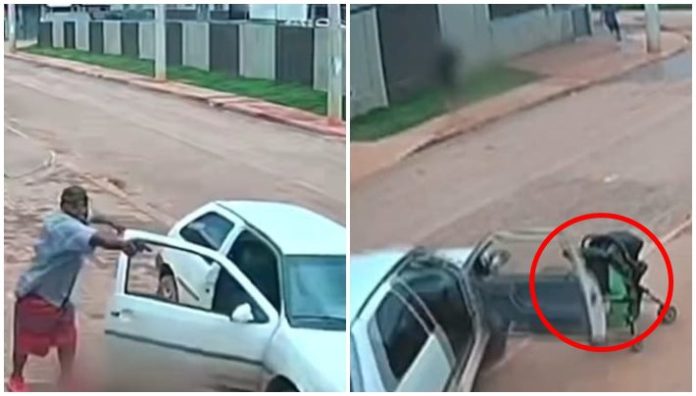 Um homem armado sai de um carro em alta velocidade, que, por pouco, não atropela bebê e criança