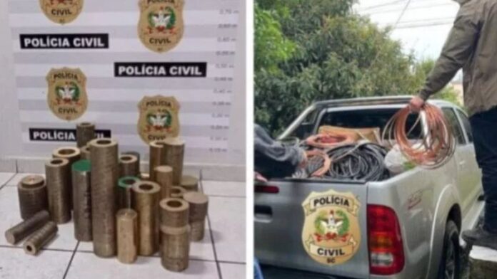 A polícia flagrou os fios de cobre tanto desencapados quanto encapados